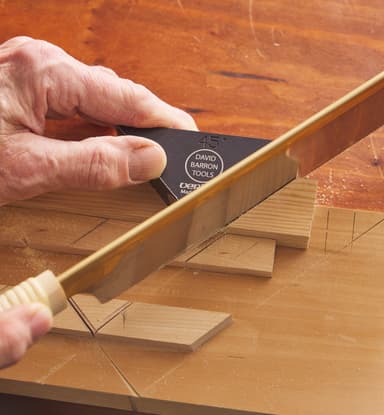 Veritas-Barron 45° Saw Guide being used to guide saw cut.