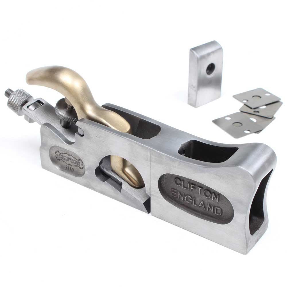Clifton Shoulder Plane - 3110 with Bullnose attachment and metal shims in background.