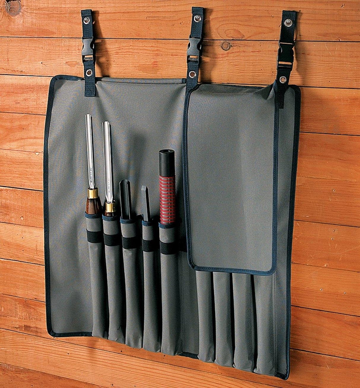 Lee Valley Turning Tool Roll - hung on workshop wall with stored chisels.