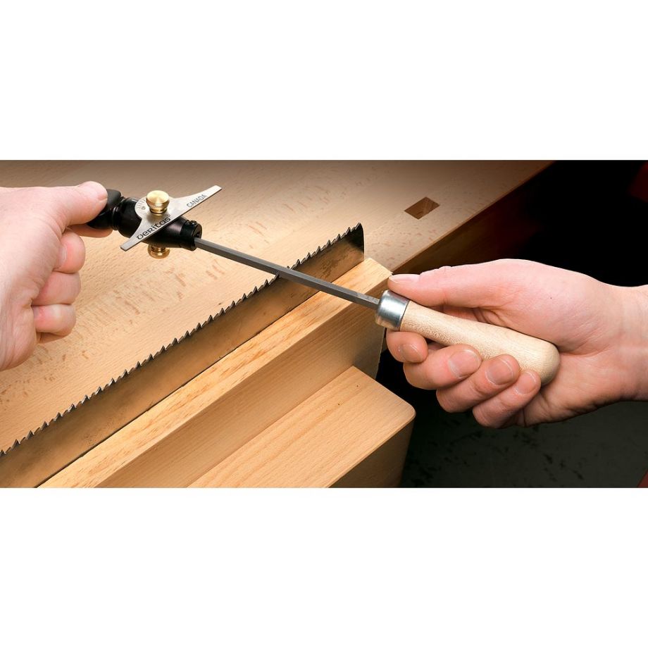 Veritas Saw File Holder being used to hold triangular file to aid sharpening of hand saw