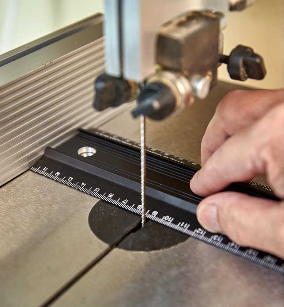 Veritas Shop Rule being used to set fence on ban saw.