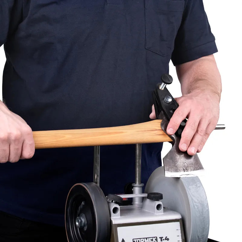 Tormek Axe Grinding Jig - AX-40 being used to sharpeng a small axe