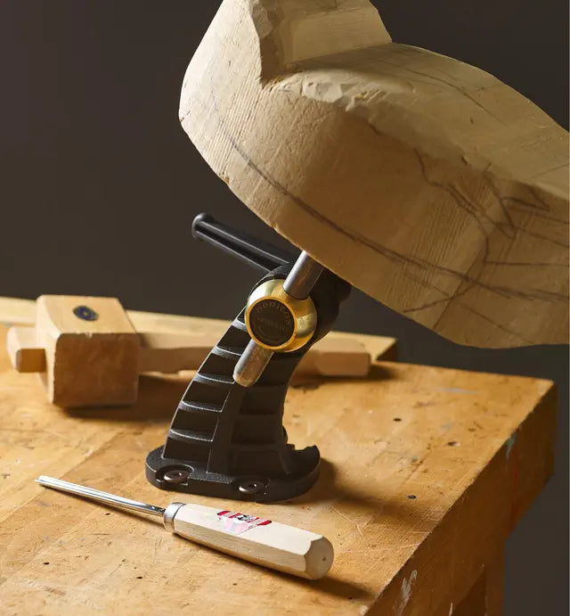 Veritas Carvers Vice being used to hold wooden carving blank.