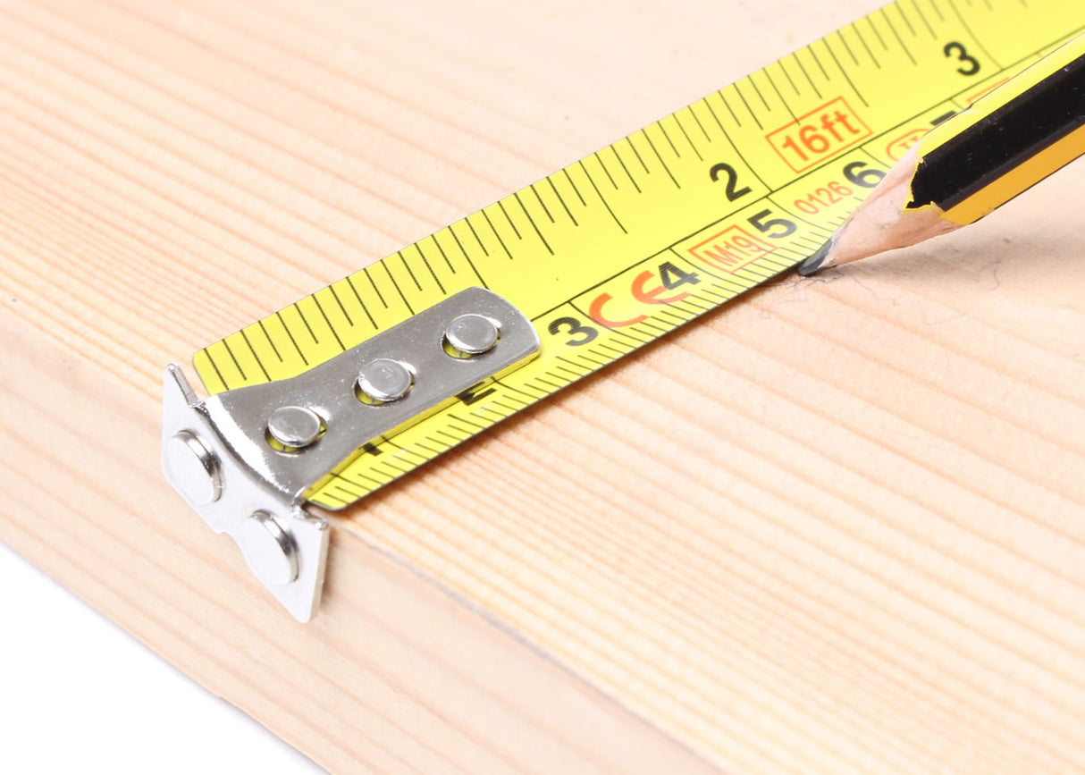 Close up of an Eclipse Tape Measure being used to mark out a piece of wood