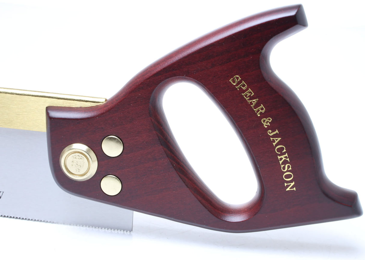 Beech wood handle of a Spear & Jackson Brass Back Tenon Saw