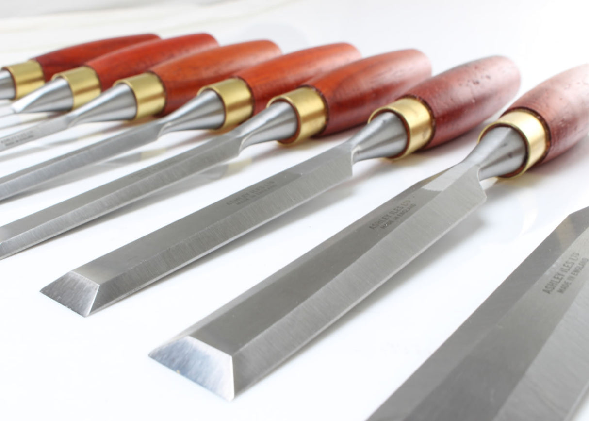 Close up view of Ashley Iles bevel edge chisel blades