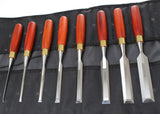 Ashley Iles 8 piece Chisel set layed out on tool roll