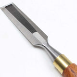 Close up view of bevel edged blade and ferule on the Ashley Iles MK2 Bevel Edge 