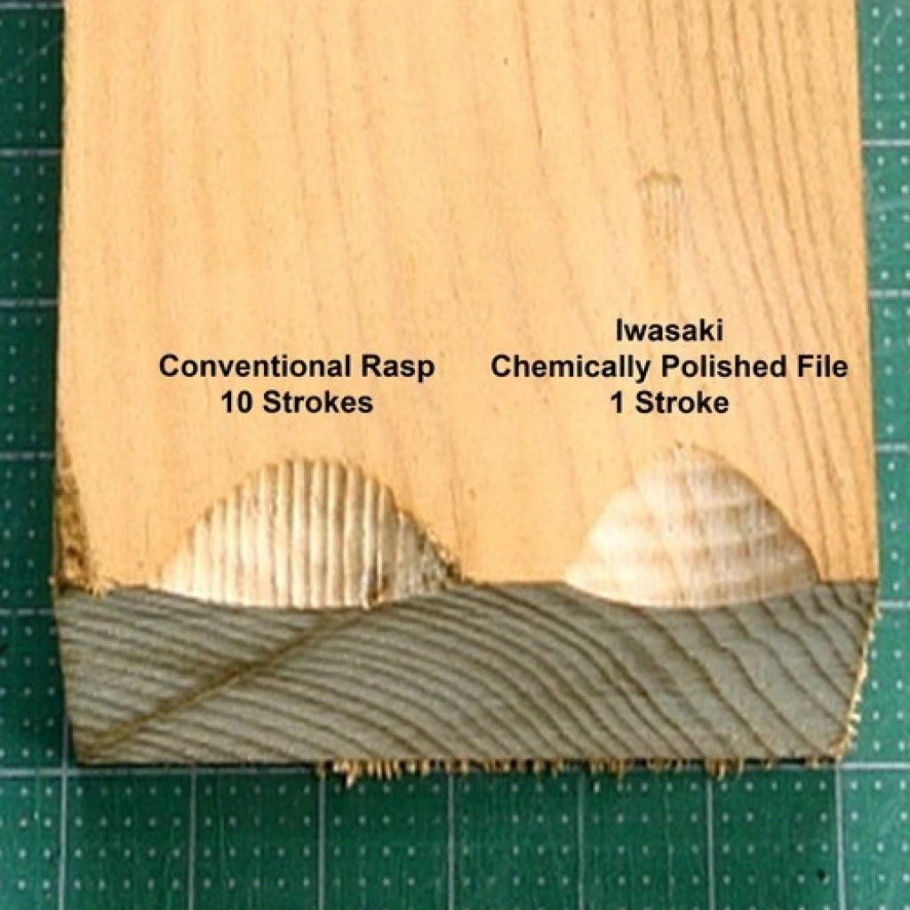 Example timber comparing convetional rasp (10 x strokes, (left side)) to Iwasaki (1 x stroke (right))