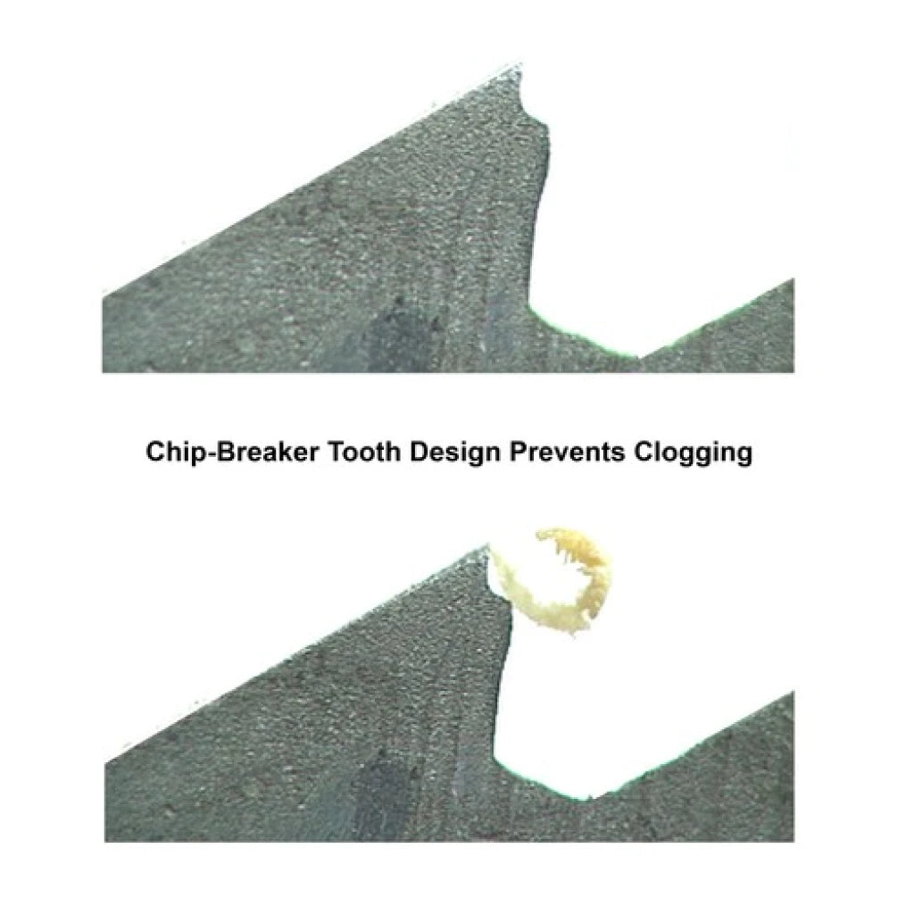 Chip-breaker tooth design prevents clogging