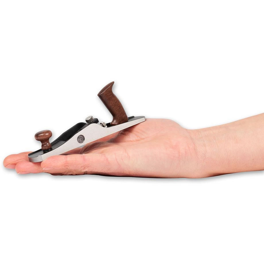 Veritas Miniature Bevel-Up Jack Plane being displayed in woodworkers hand