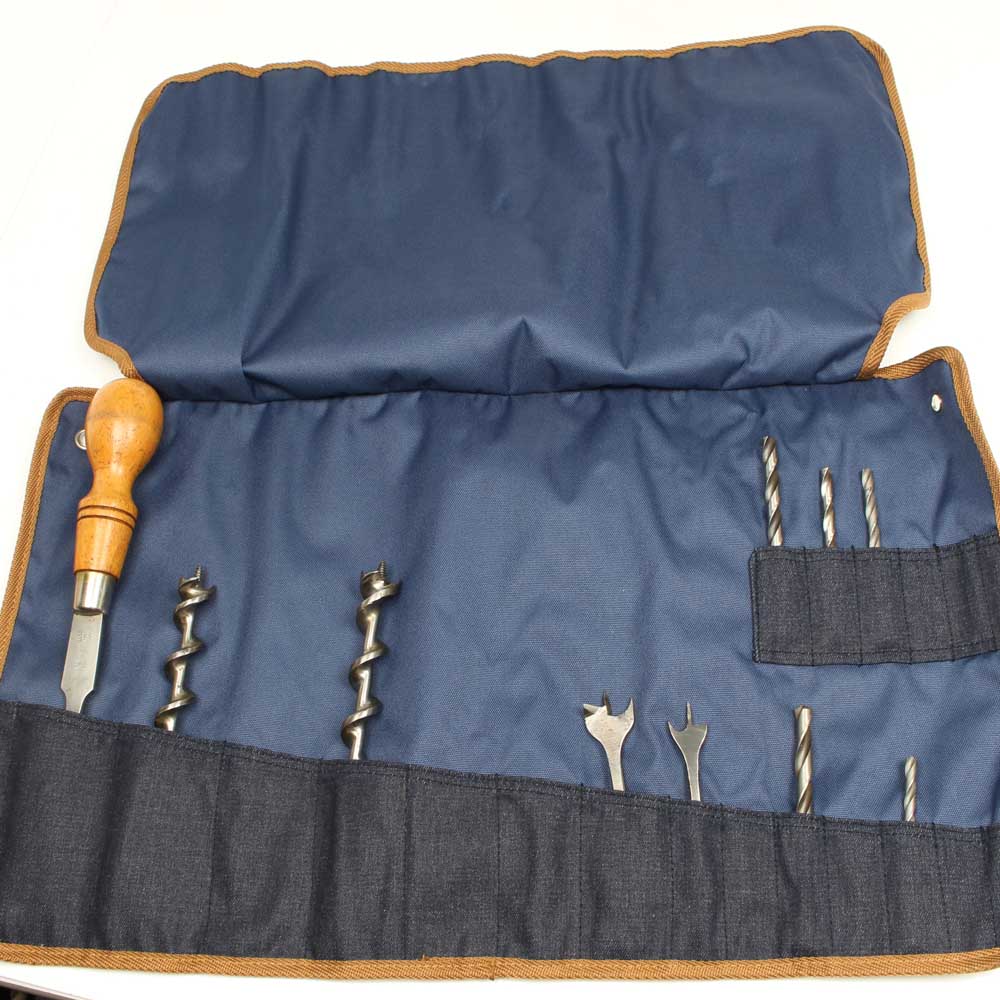 Star-M Drill Roll Tool Bag - filled with auger drill and twist bits.