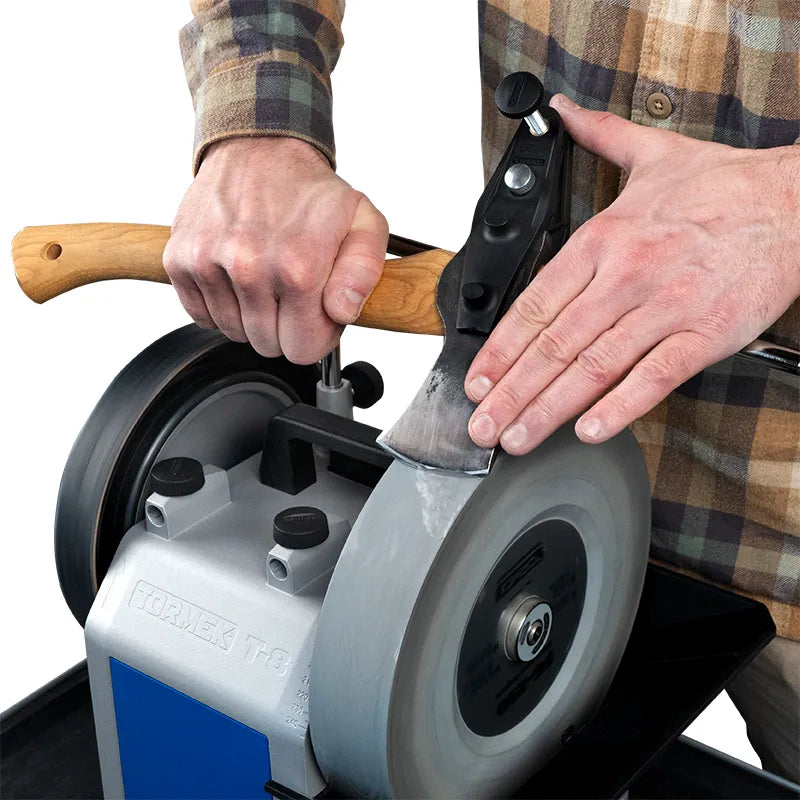 Tormek Axe Grinding Jig - AX-40 being used to sharpen a hatchet
