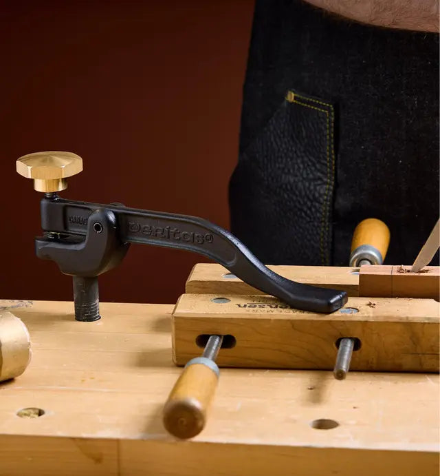 Veritas Bench Hold Down being used to clamp workpiece in place