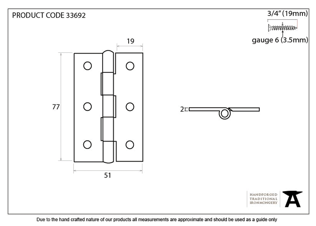 Diagram and dimensions of Pewter 3" Butt Hing