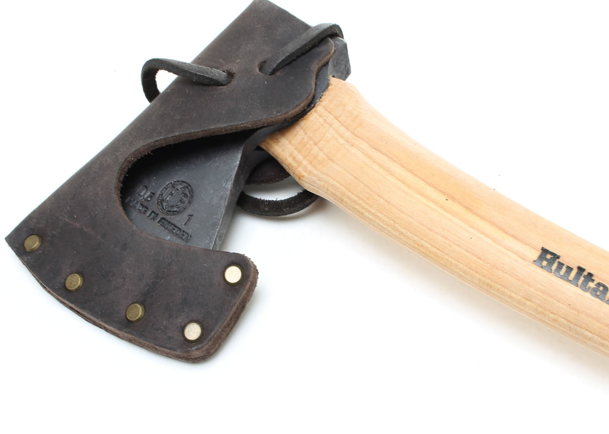Hultafors Bruk Hultan Hatchet with leather sheaf fitted to axe head