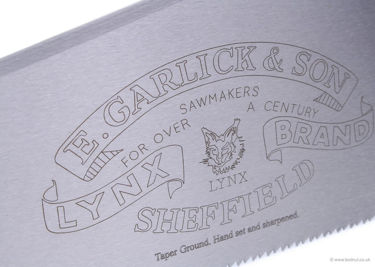 Lynx Handsaw - Close up view of E.Garlick & Son saw branding