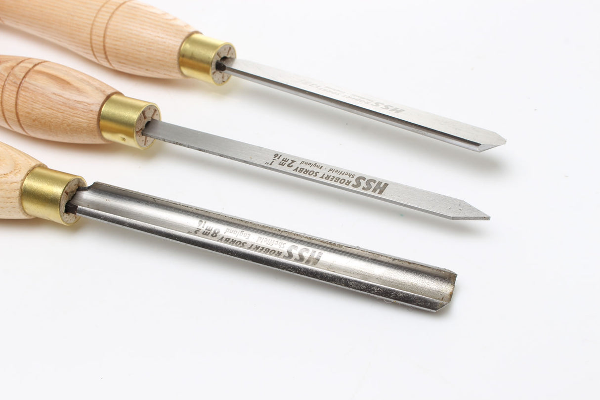 Close up view of Robert Sorby Pen Turning Chisel Blades