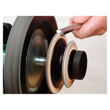 Tormek Profiled Leather Honing Wheel being used to polish gouge