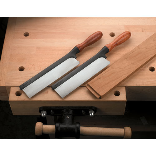 Veritas Gents Crosscut Saws sitting on woodworkers bench